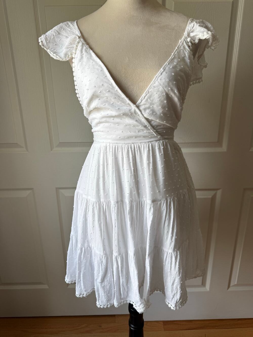 Angel Biba White Swiss Dot Mini Dress Open Criss Cross Back Size‎ S LWD